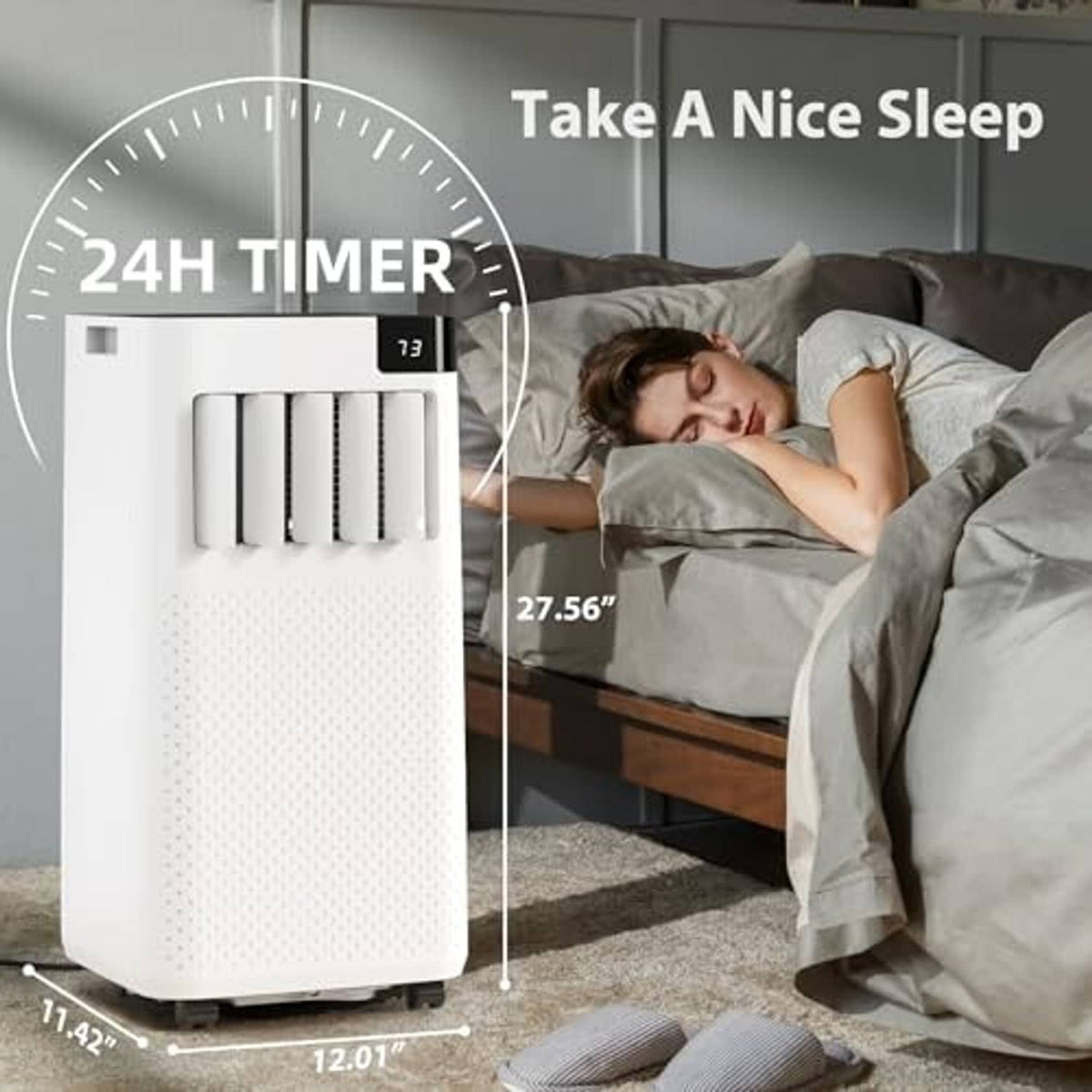 White portable air conditioner with front vent openings and top timer display