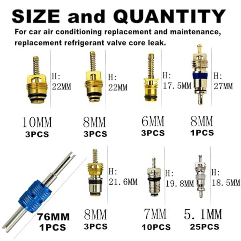 Valve core kit size and quantity chart with different brass core lengths