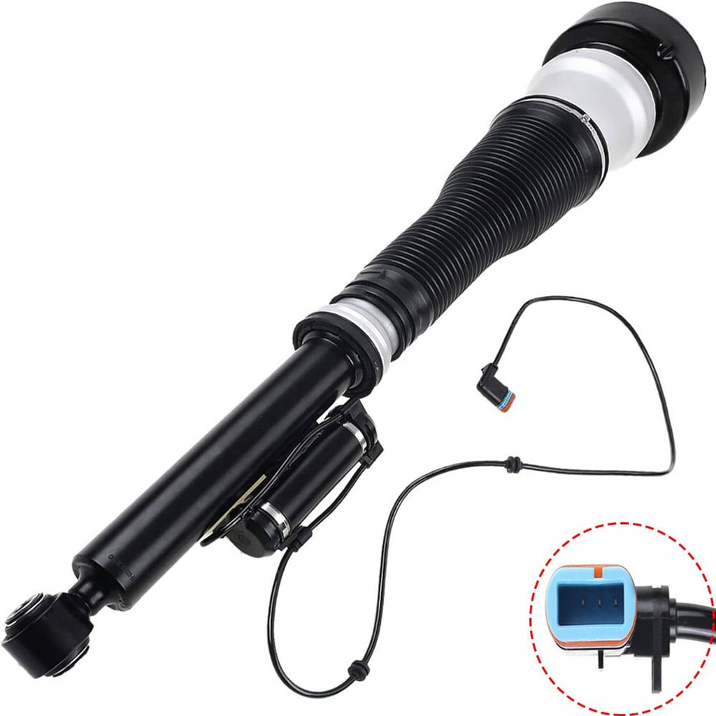 Rear air suspension strut with blue electrical plug and coiled wiring