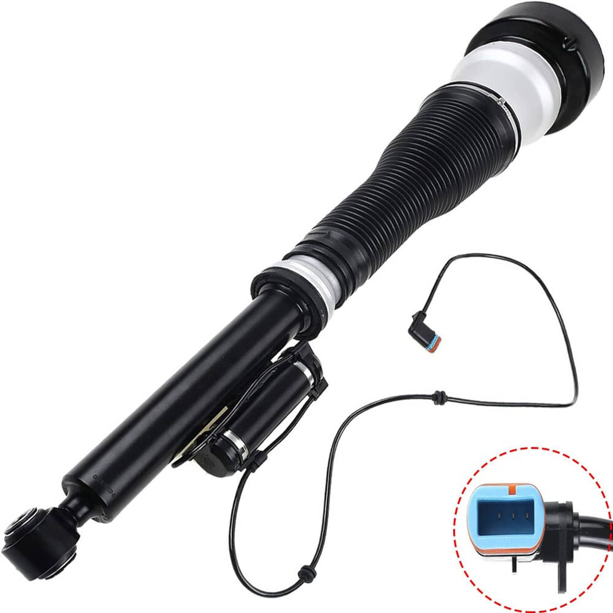 Rear air suspension strut with blue electrical plug and coiled wiring