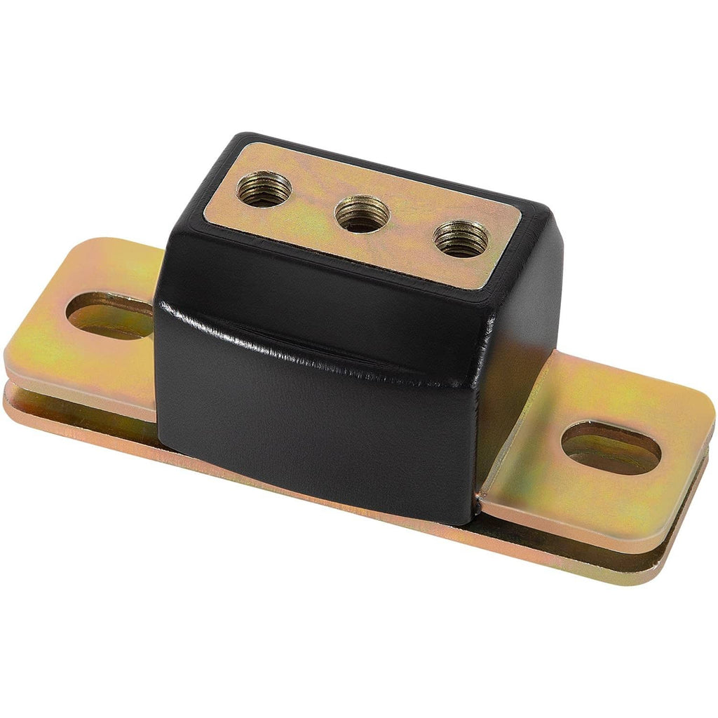 Black polyurethane transmission mount with yellow mounting tabs and threaded holes