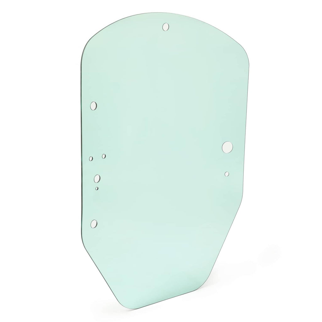 Light blue-green cab door glass panel with mounting holes for skid steer.