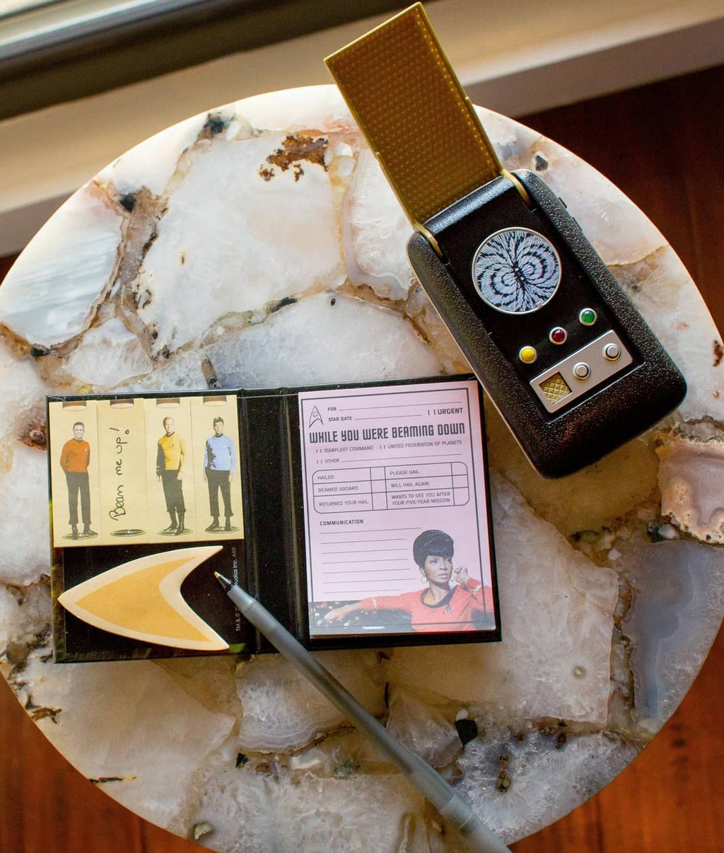 Sticky notes set with note sheets, character cards, and a pen holder on marble