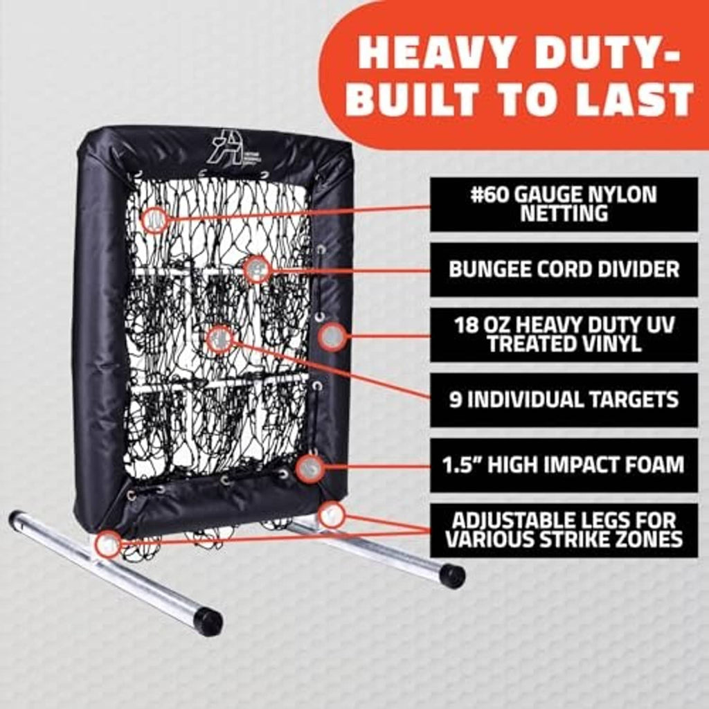 Black pitching net with strike zone targets and bungee-cord netting
