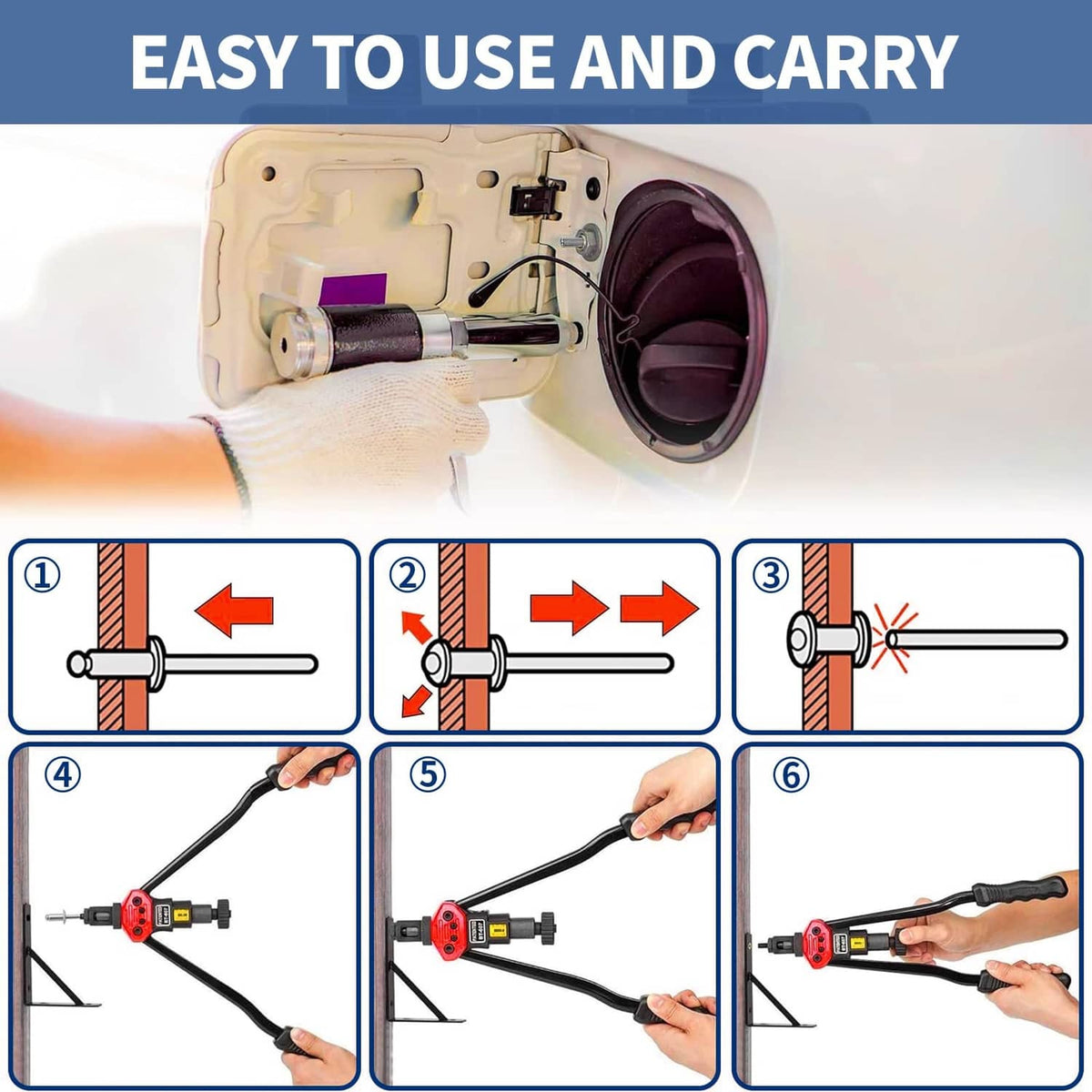 Pop rivet installation steps on a panel with a rivet tool and fasteners