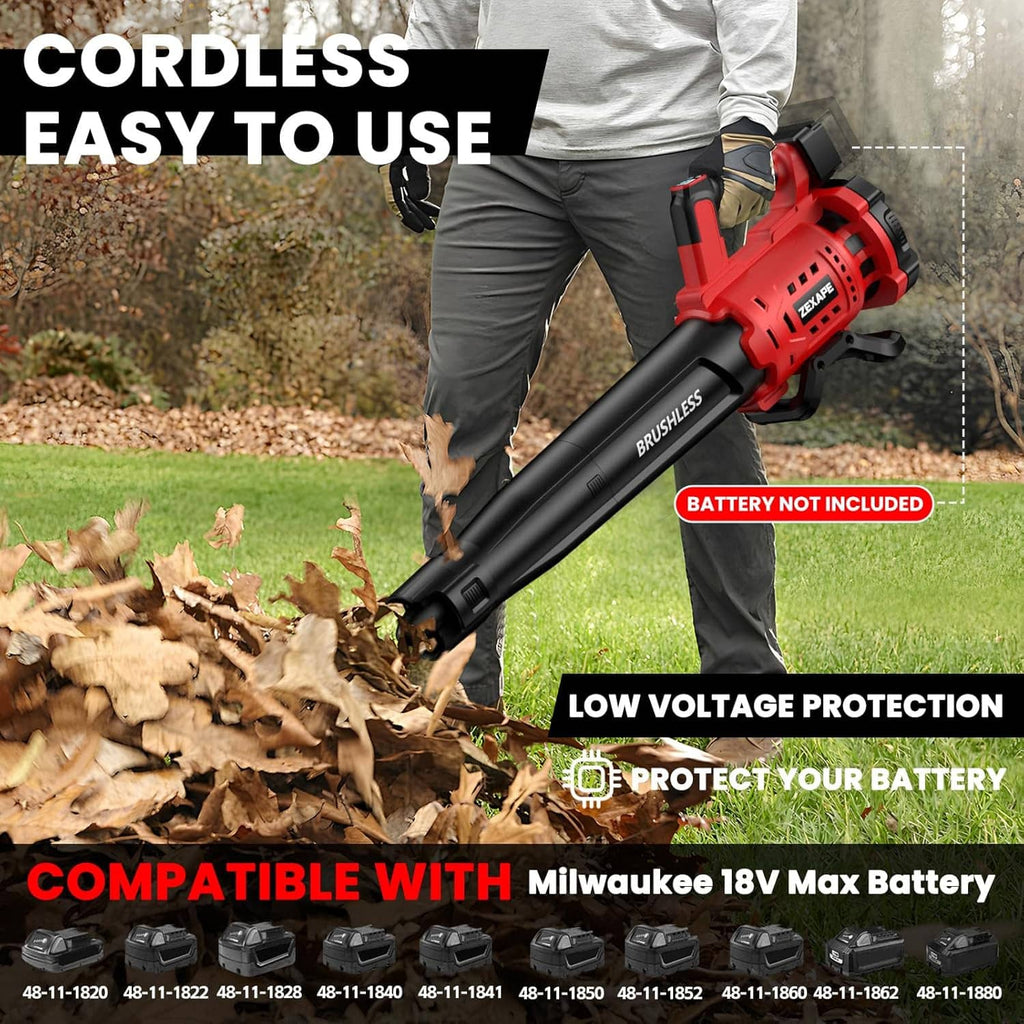 Cordless leaf blower in use, red and black blower tube held by a person