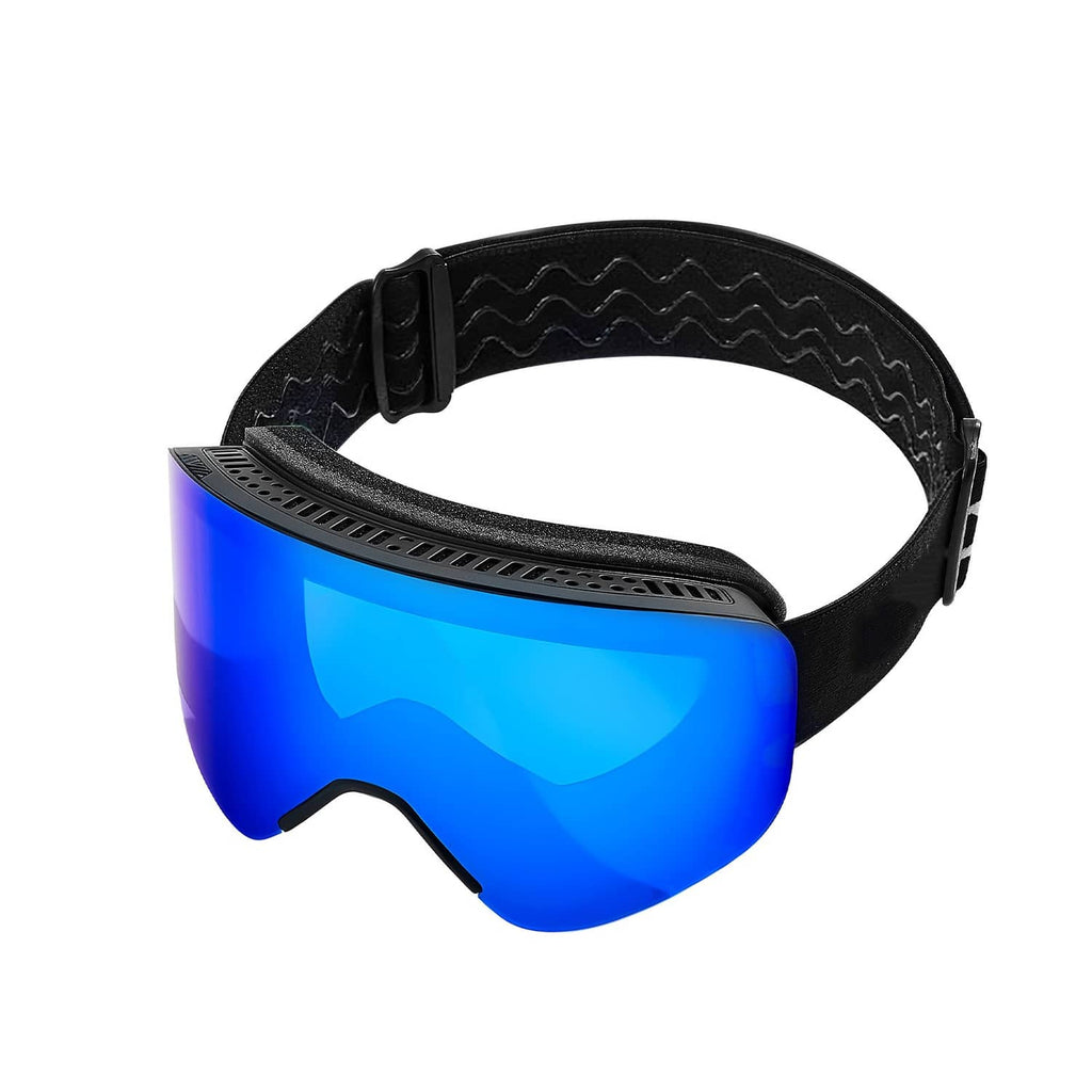 Black ski goggles with blue mirrored lens, vented brow bar and textured adjustable strap