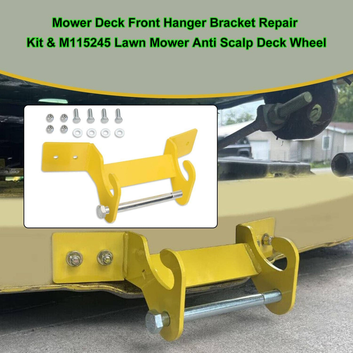 Yellow mower deck hanger bracket with black roller, shown with included bolt kit