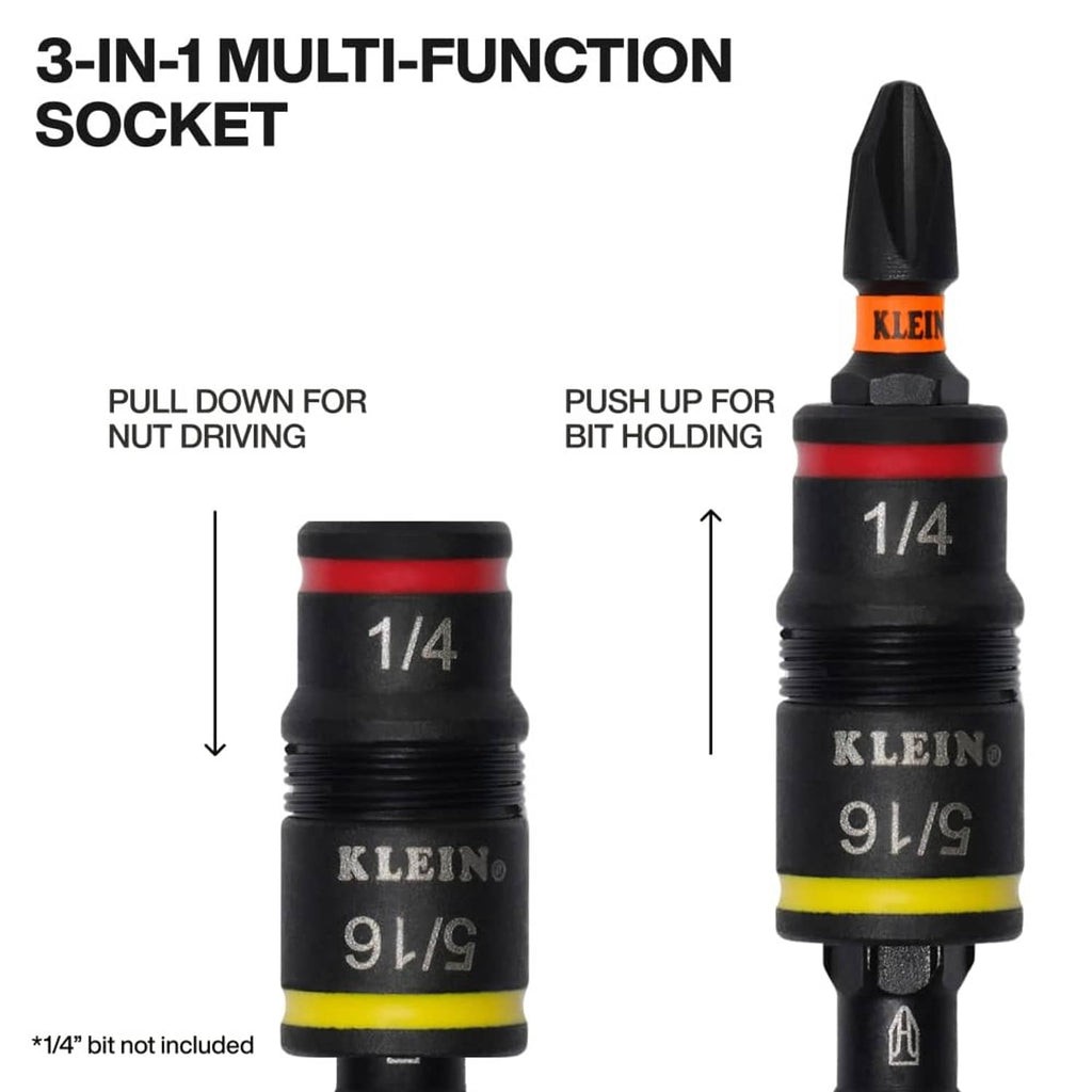 3-in-1 multi-function impact socket with pull-down nut driving and push-up bit holding
