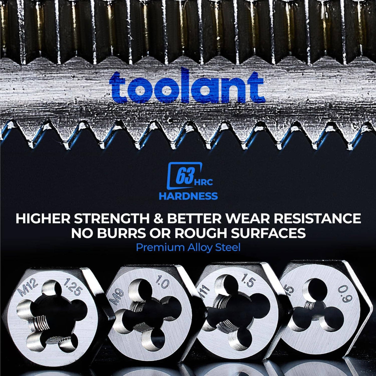 Assorted tap and die heads with threaded teeth shown in a row