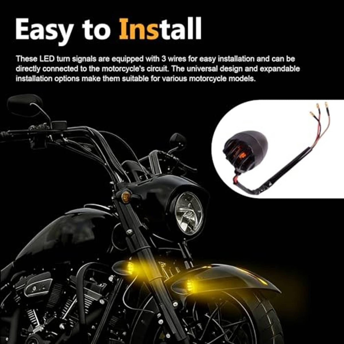 Motorcycle with mounted black LED turn signal; wiring leads shown for installation