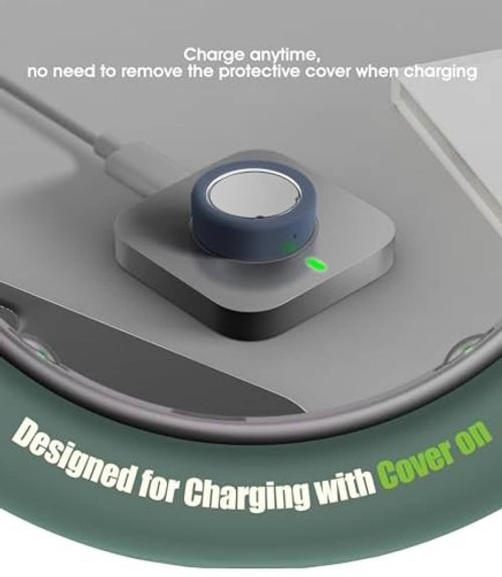 Dark blue silicone ring cover designed to stay on during charging dock use.
