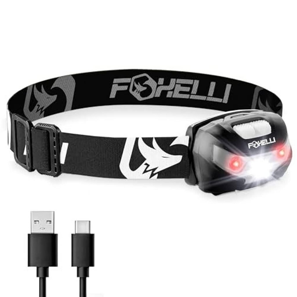 Foxelli rechargeable LED headlamp with black fabric strap and clear front light housing