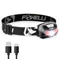 Foxelli rechargeable LED headlamp with black fabric strap and clear front light housing