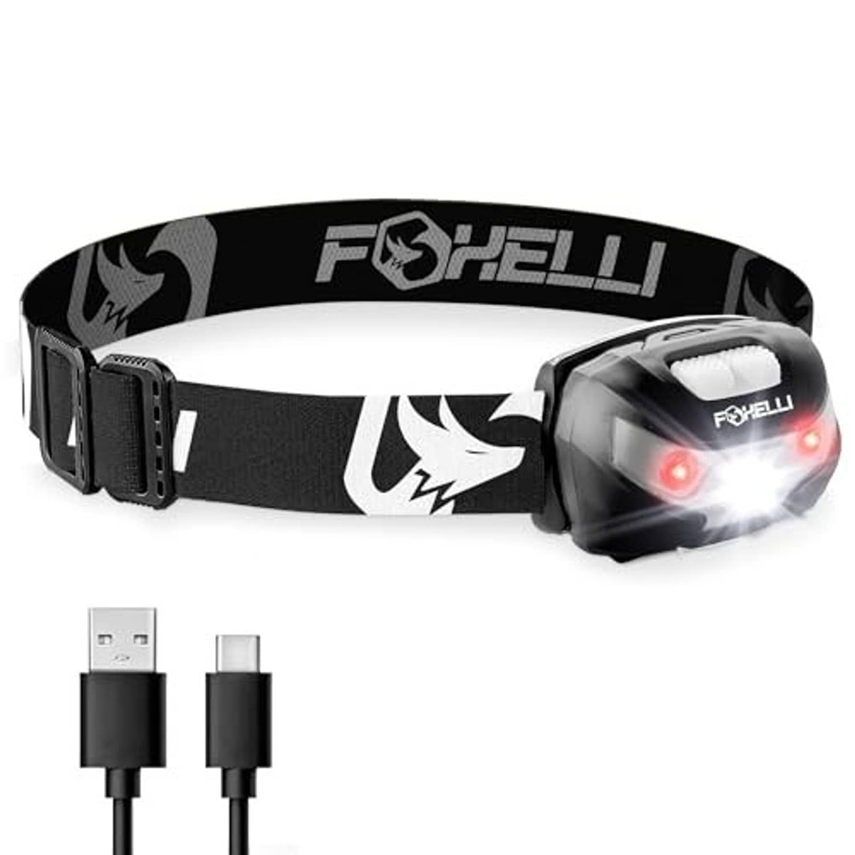 Foxelli rechargeable LED headlamp with black fabric strap and clear front light housing