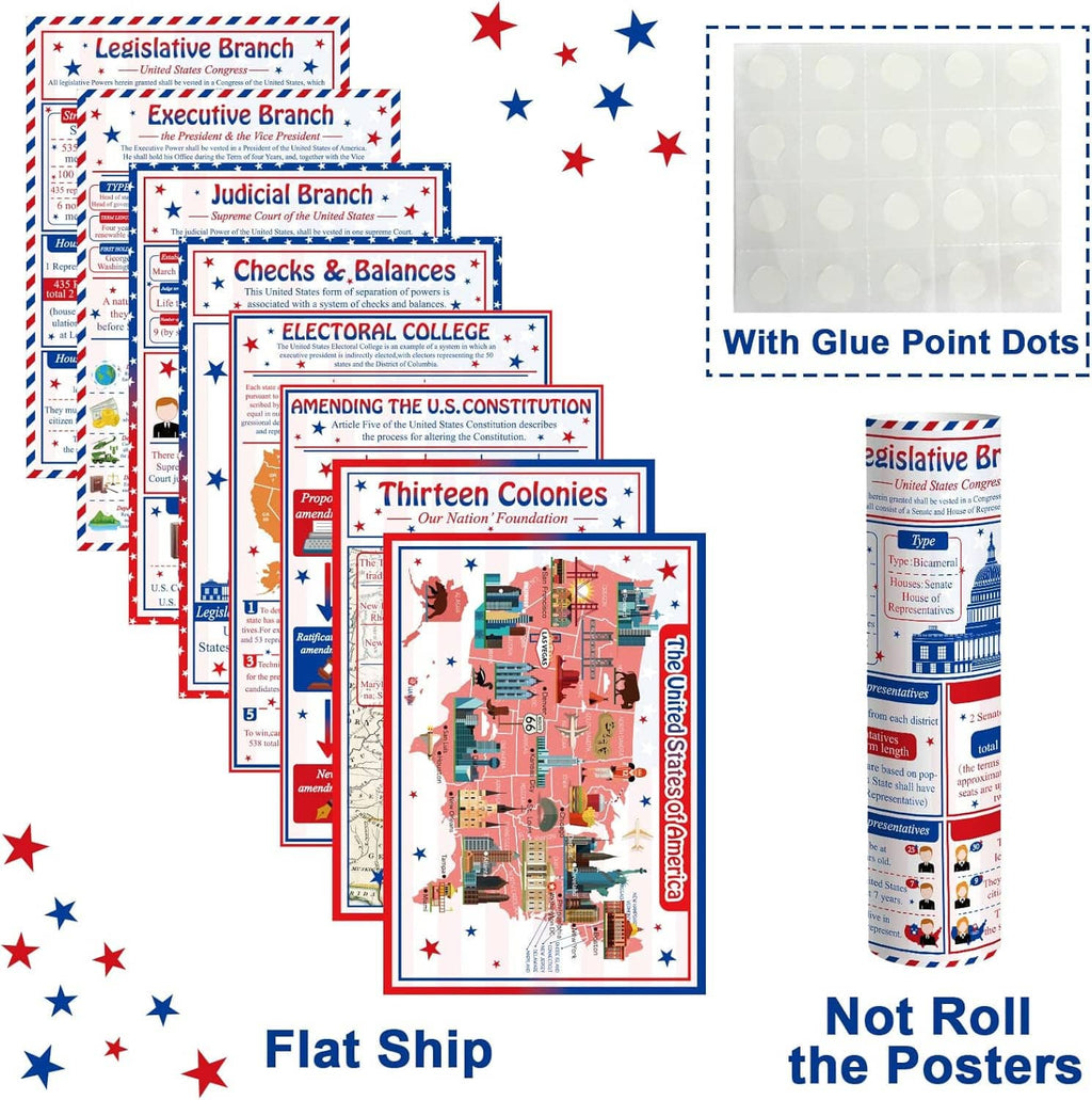 Stacked U.S. government posters with numbered glue-point dots and flat shipping layout