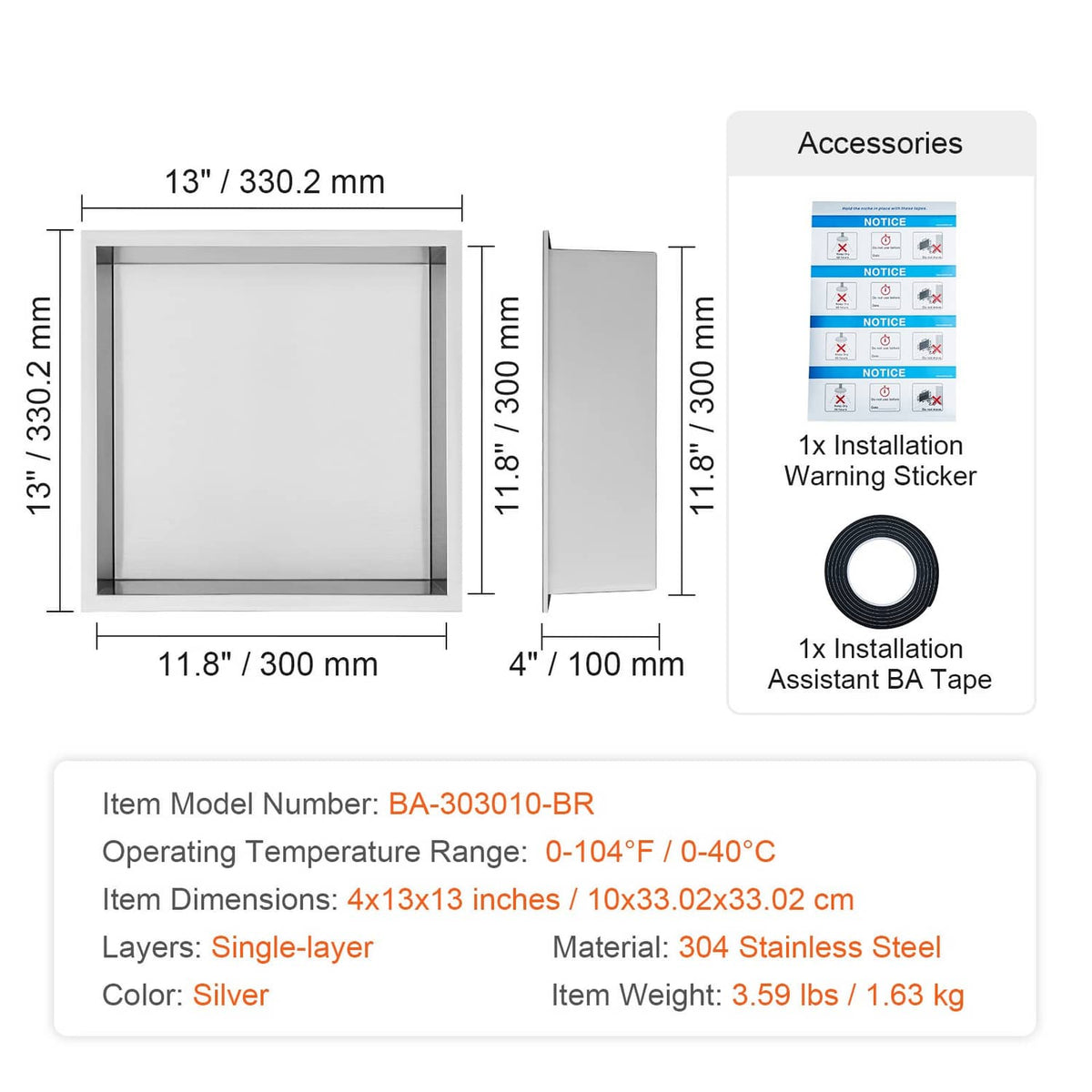 Uimoso stainless steel shower niche dimensions and included installation accessories