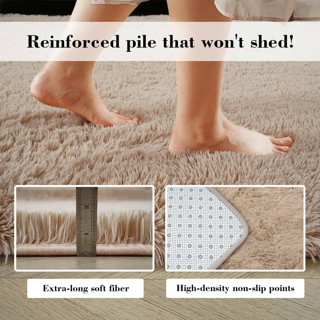 Beige shag rug with reinforced pile that won’t shed; close-up on soft fibers