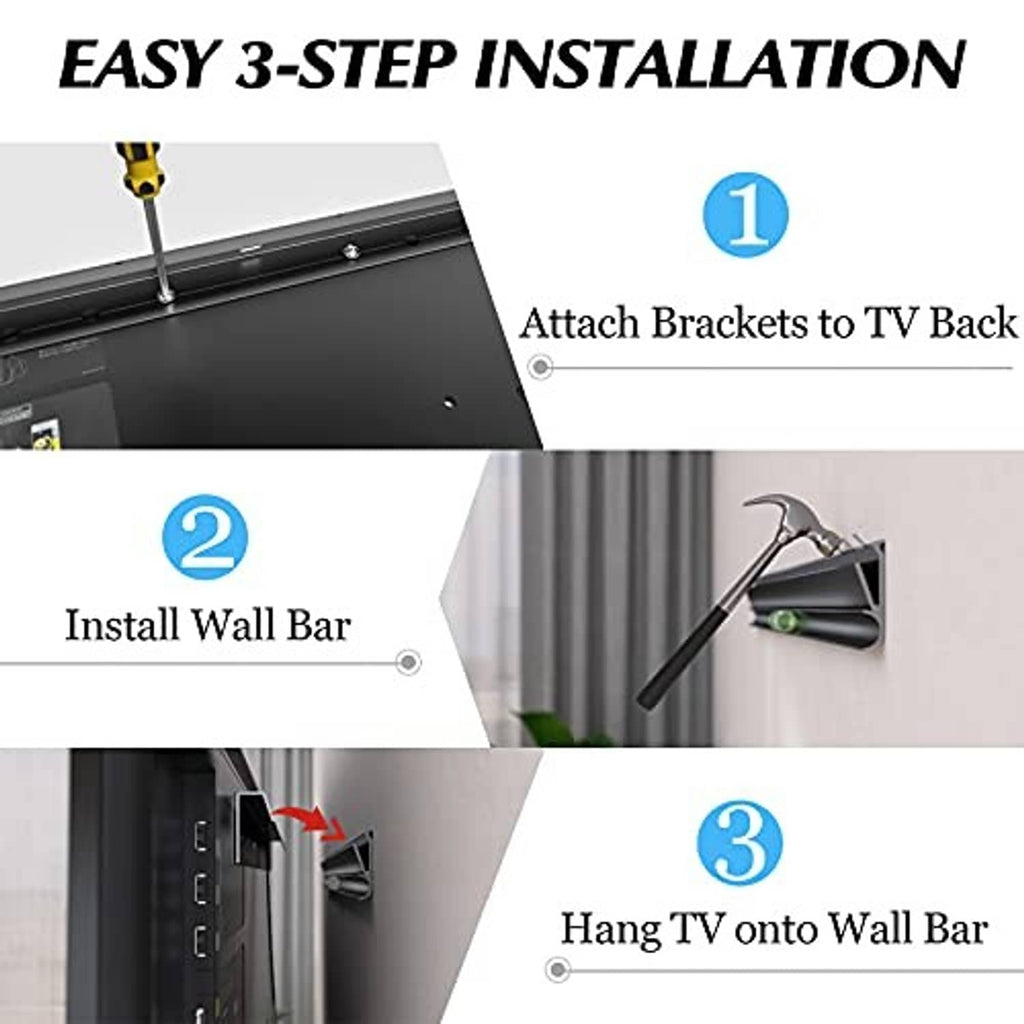 Step-by-step TV wall mount installation showing black bracket and wall bar