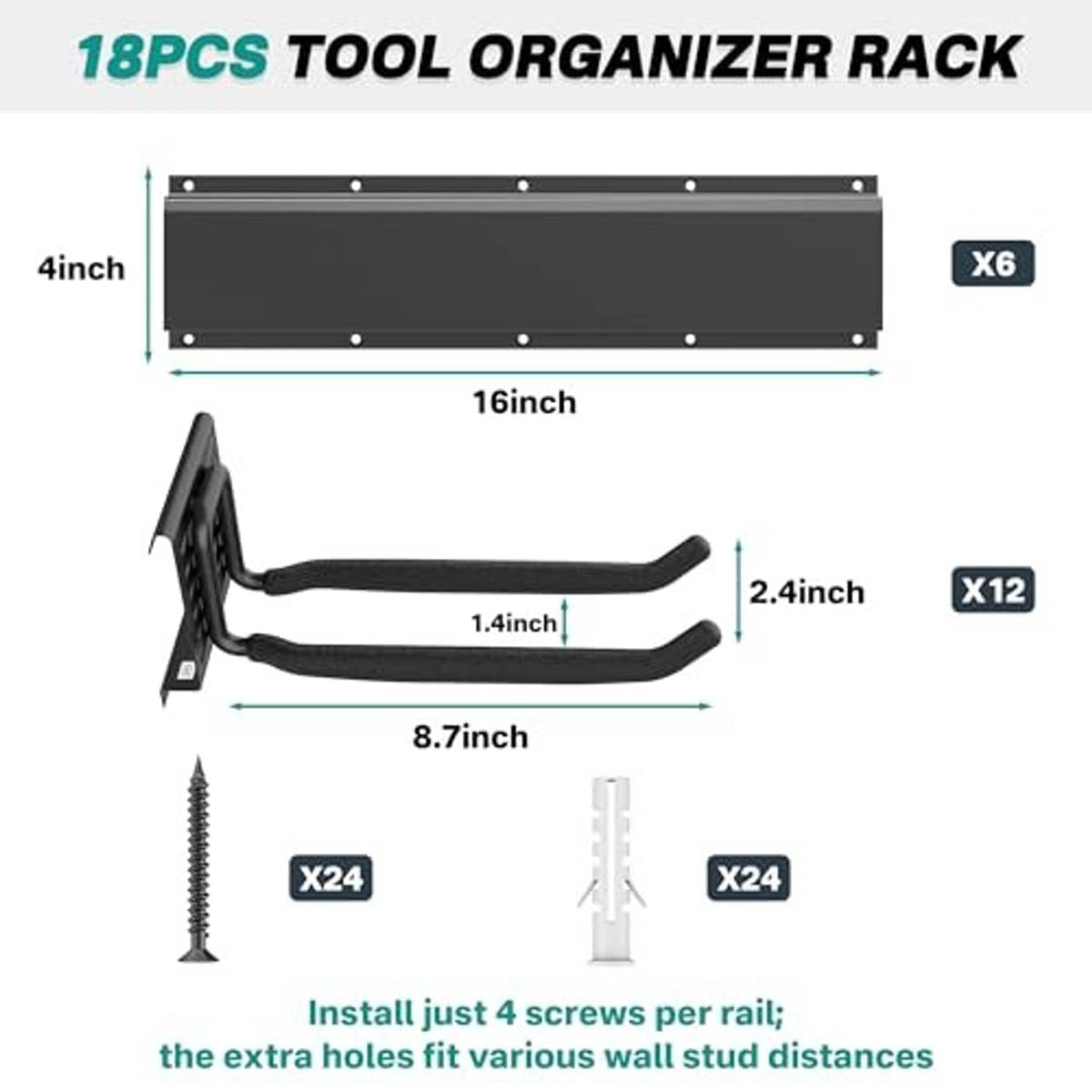 Black tool organizer rack rail with curved J hooks and included mounting hardware parts