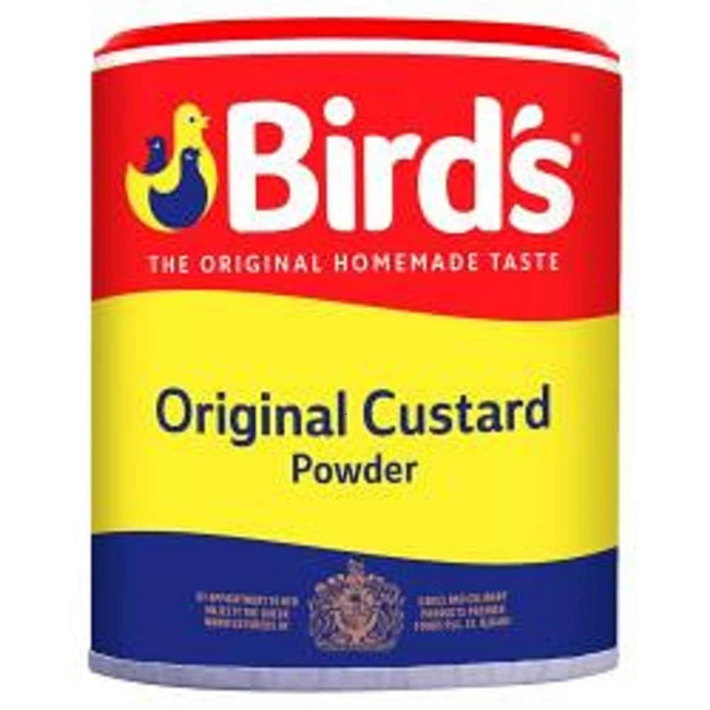 Birds custard powder tub with red, yellow, and blue label