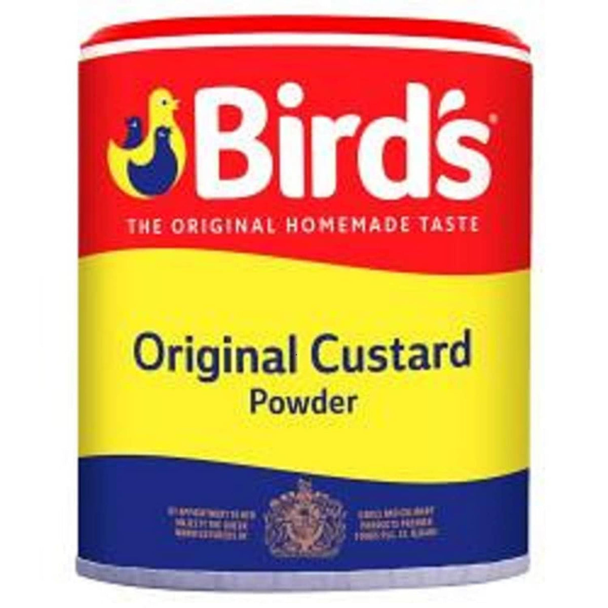 Birds custard powder tub with red, yellow, and blue label