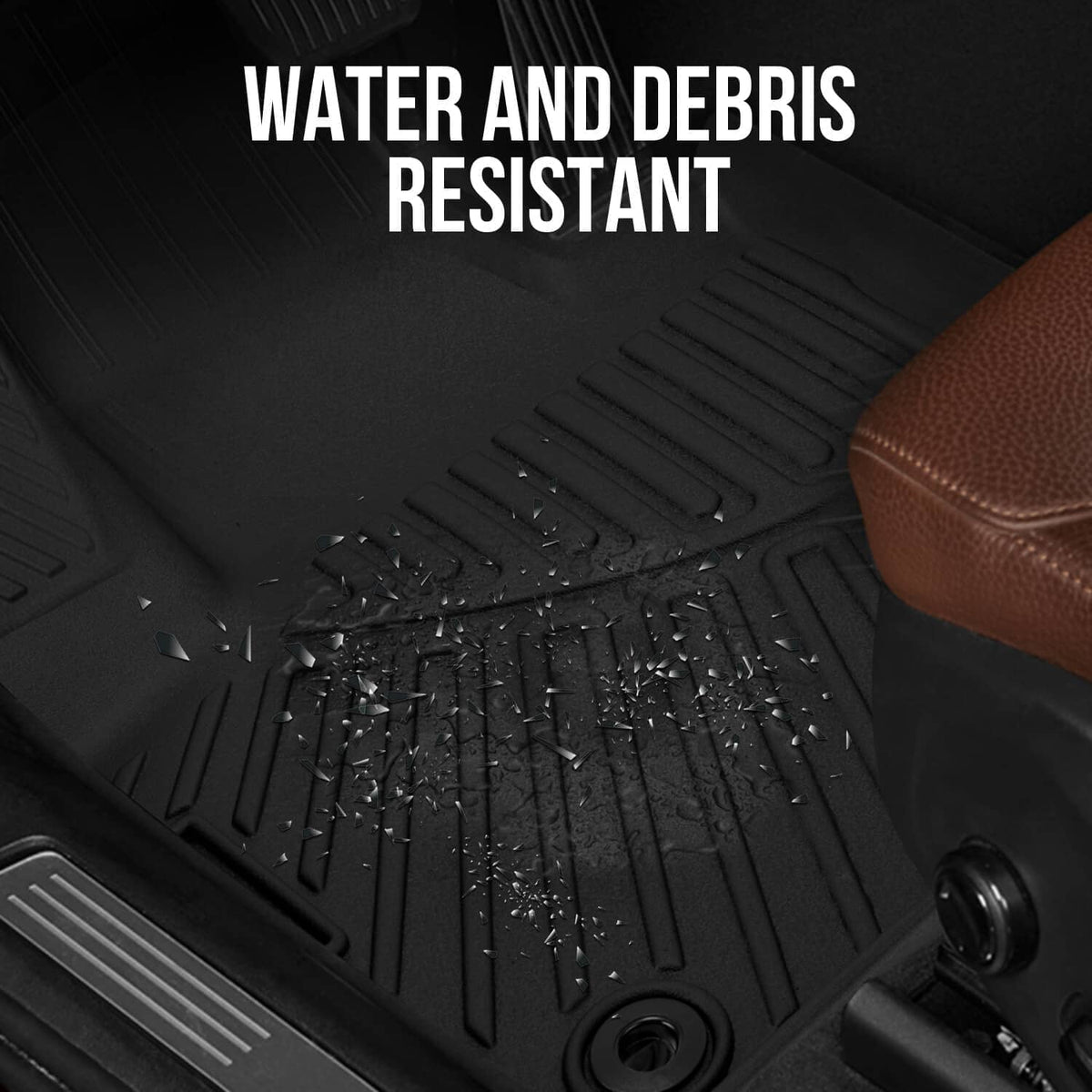 Black floor liner mat with water-beading texture, raised grooves, and side containment