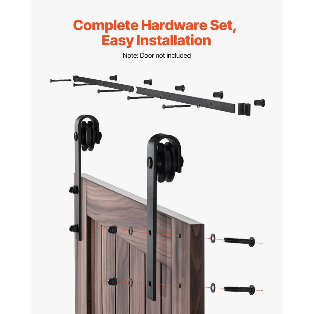 Black sliding barn door complete hardware set diagram with track, rollers, and brackets