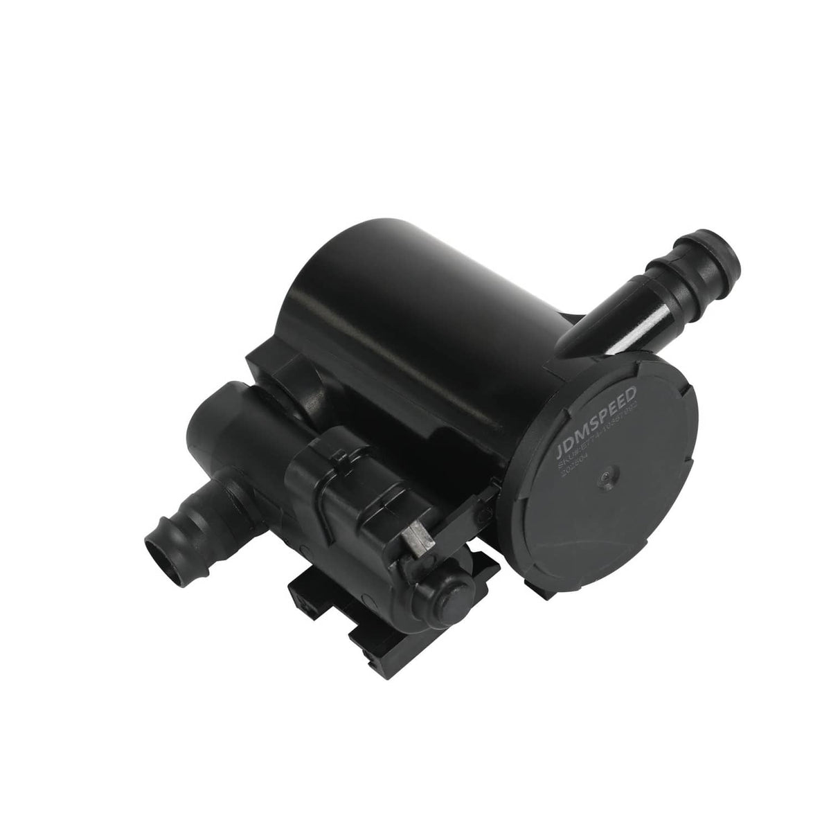 Vapor canister vent solenoid, black plastic body with hose fittings and circular top cover