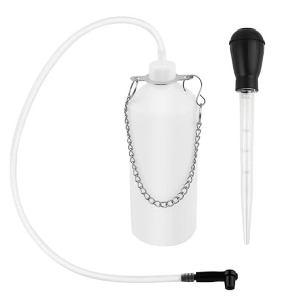 Brake bleeder bottle set with white hose and black hand pump injector