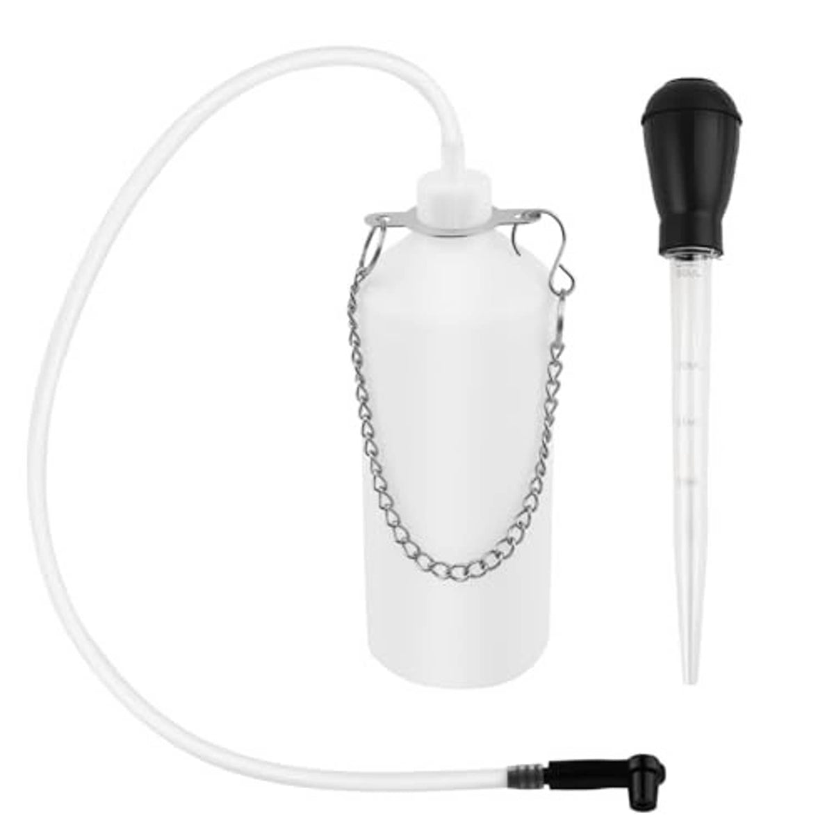 Brake bleeder bottle set with white hose and black hand pump injector
