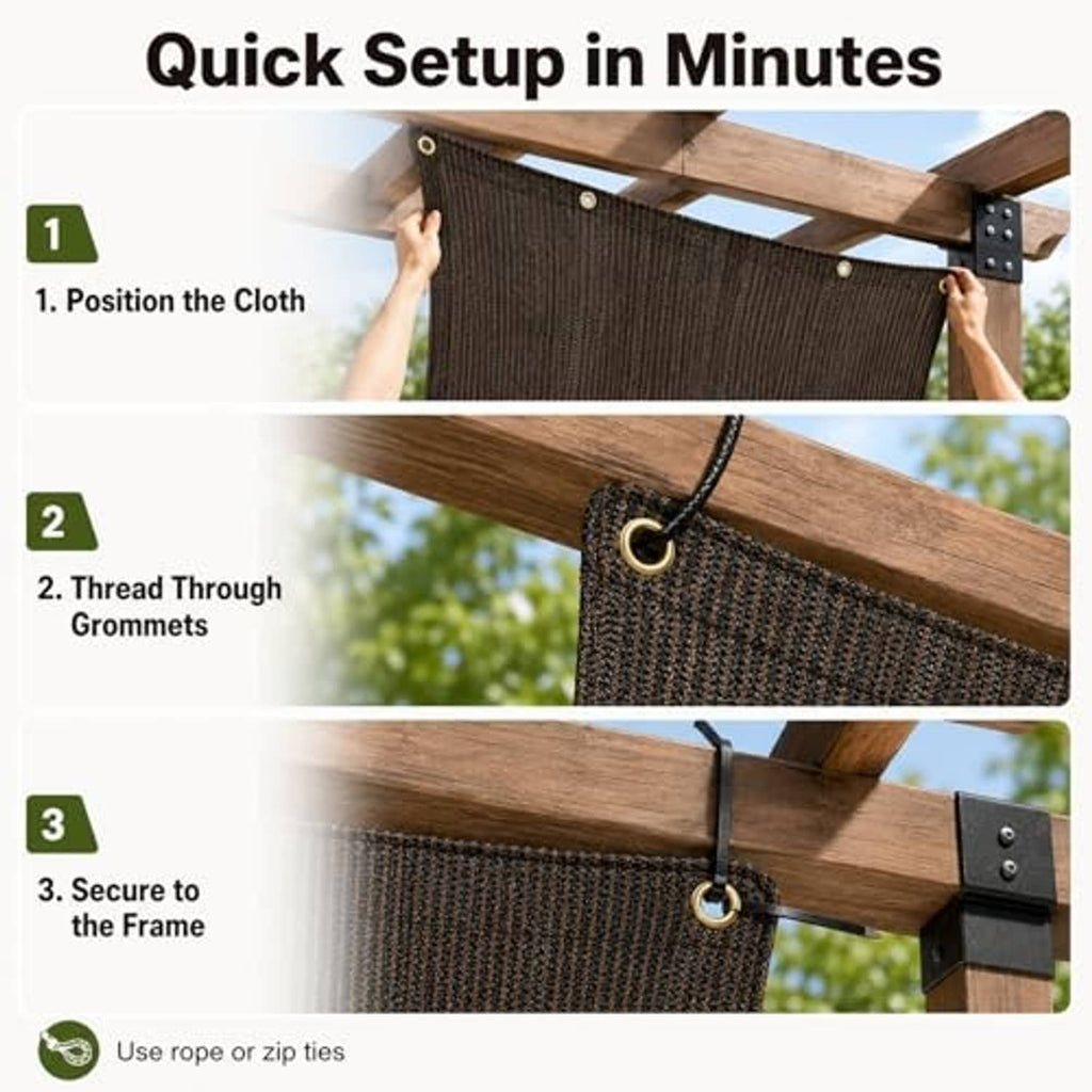Brown HDPE shade cloth with metal grommets, shown threaded onto mounting ropes