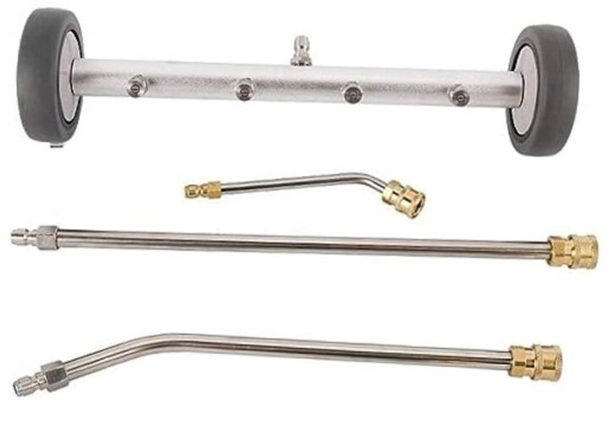 Silver water broom attachment with two black wheels and metal cleaning wand