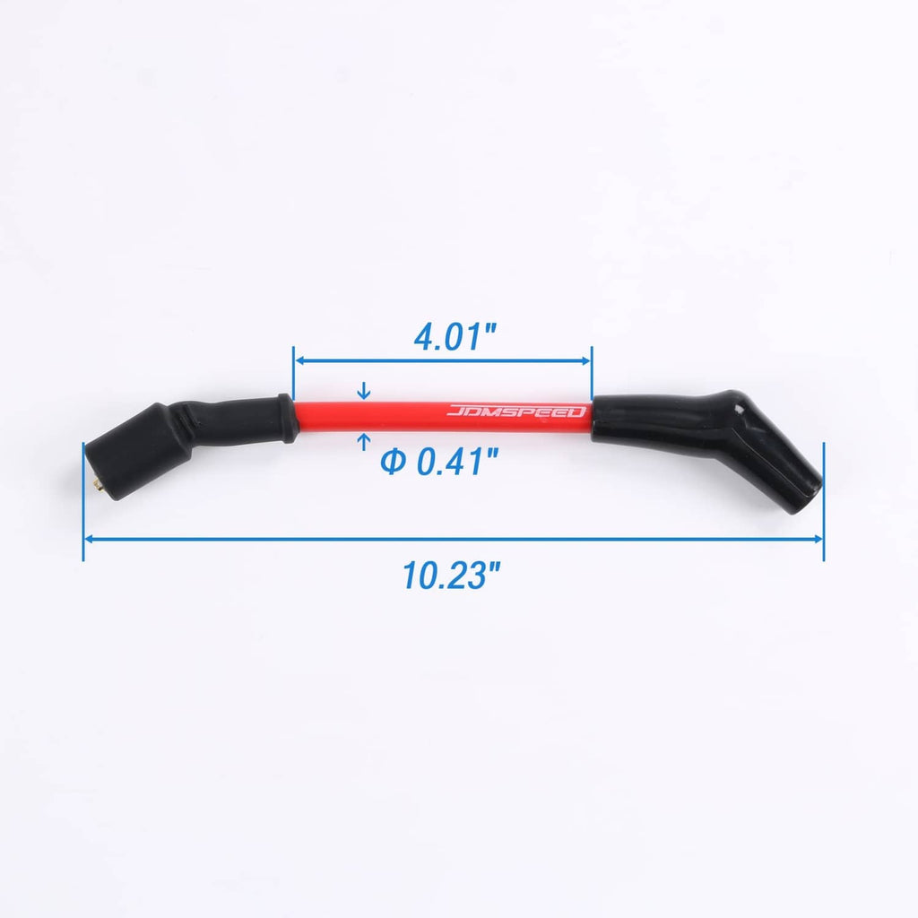 Spark plug wire with black boots and red cable, with length measurements shown