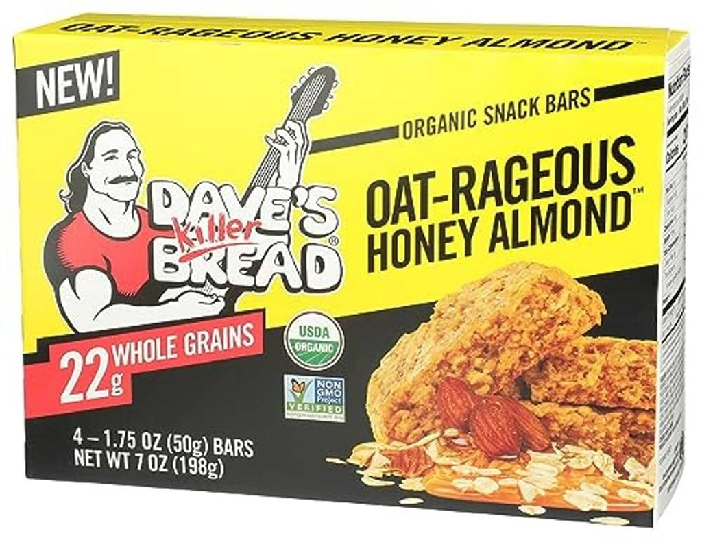 Dave's Killer Bread organic snack bars box showing oat-rageous honey almond, 4 bars