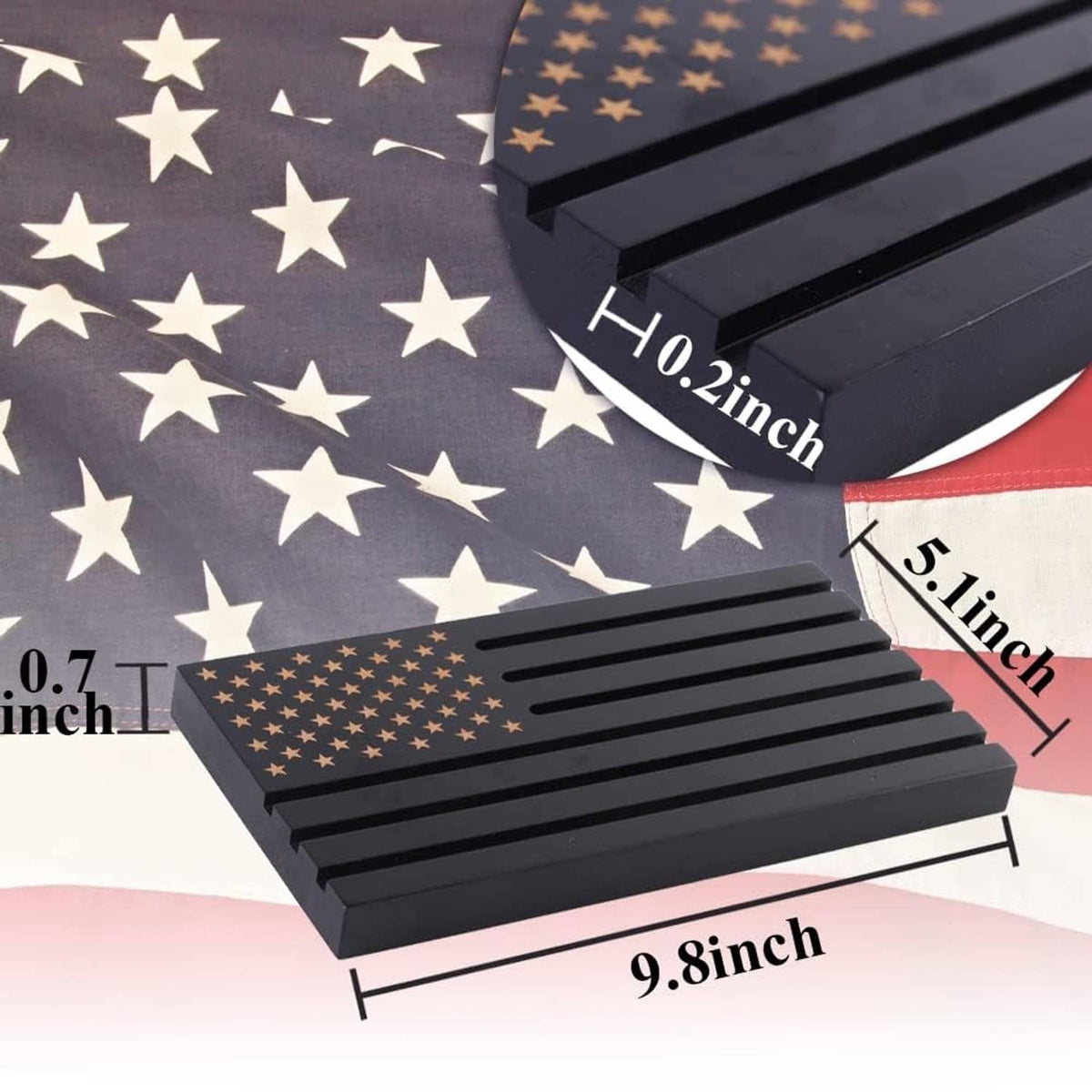 Black wooden coin display with star inlay and three horizontal grooves