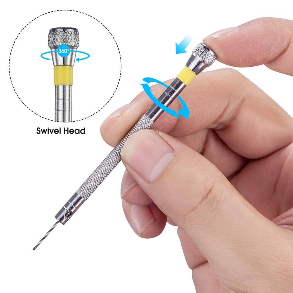 Swivel-head micro screwdriver with textured grip and colored collar, shown in hand