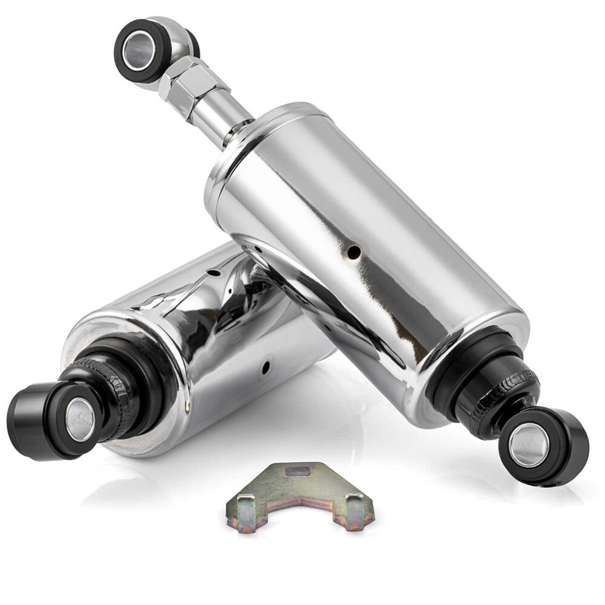 Chrome adjustable lowering shocks pair with black bushings and included steel mounting bracket