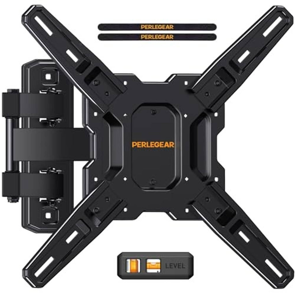 Black full-motion TV wall mount with PERLEGEAR logo and built-in level bubble
