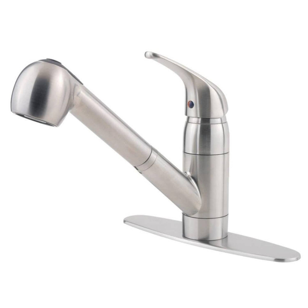Stainless steel 1-handle pull-out kitchen faucet with side lever and deck plate