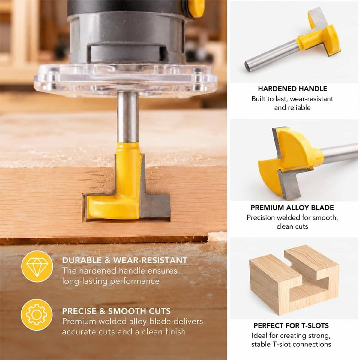 T-slot router bit close-up: yellow handle, carbide blade edges, silver shank