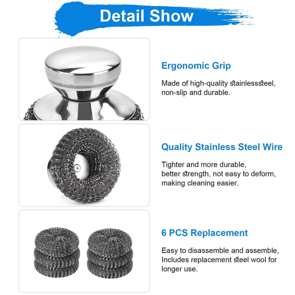 Steel wool scrubber with ergonomic grip and stainless-steel wire bristles