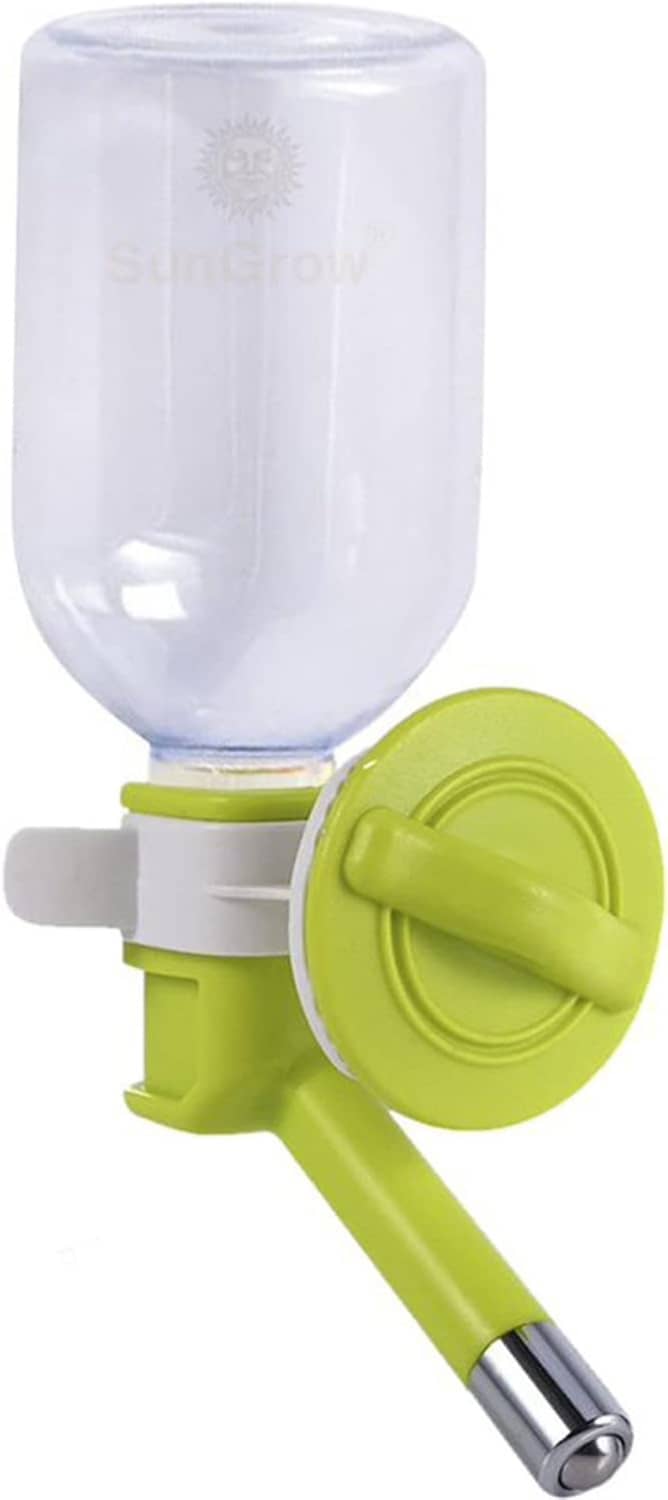 Small animal water bottle dispenser, clear bottle and green cap with metal tip
