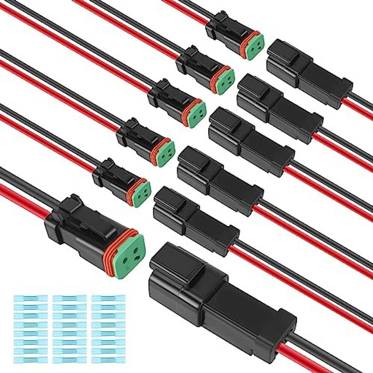 Multiple 2-pin male/female wiring connectors on red and black wire set