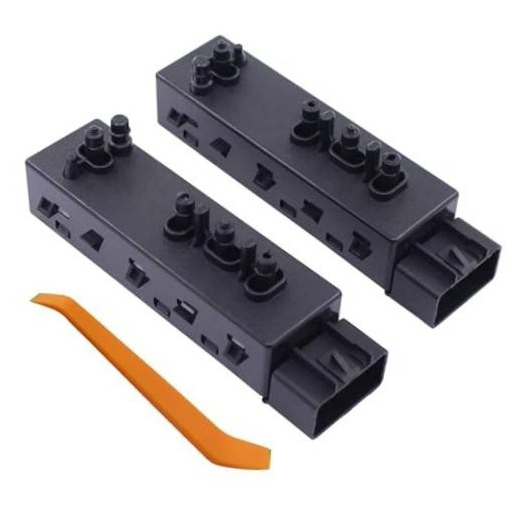 Power seat switch module with two rows of black rocker controls, gray plastic housing