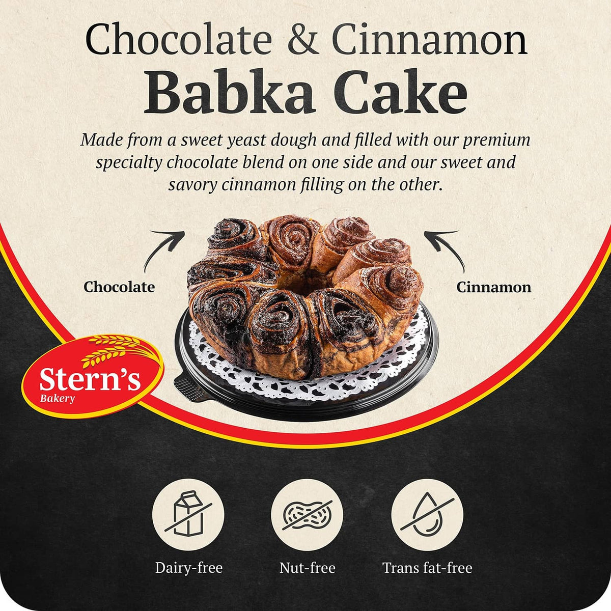 Chocolate and cinnamon babka cake package with Stern's Bakery branding