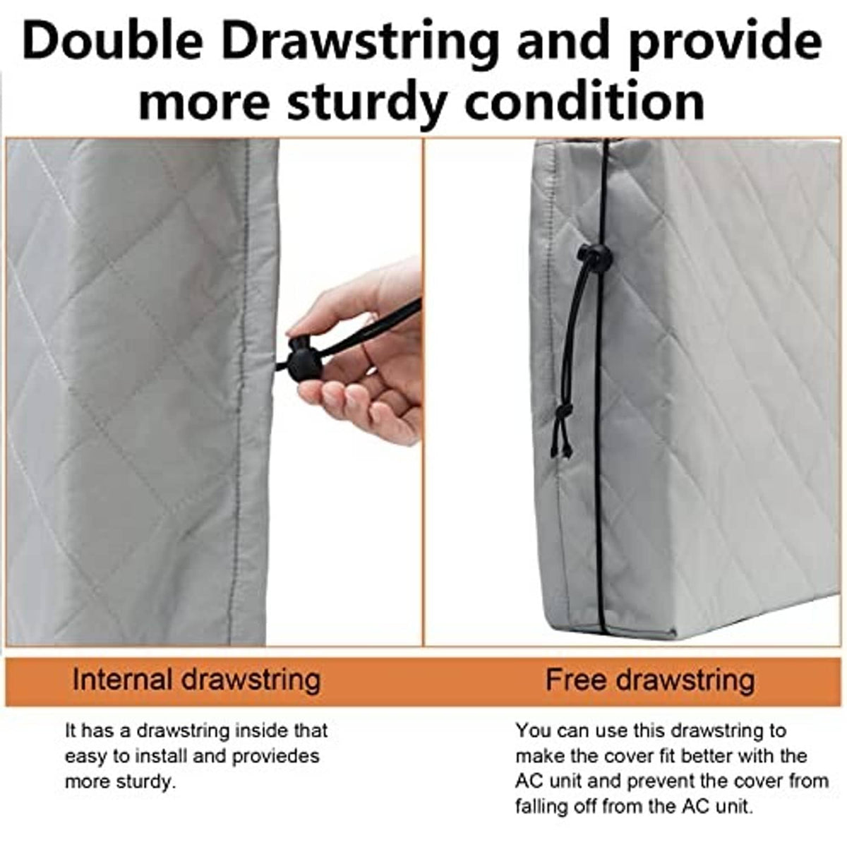 Gray quilted air conditioner cover with double drawstring closure