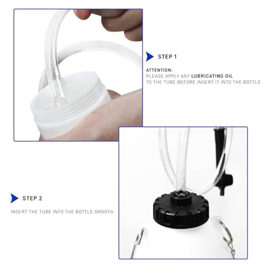 Brake bleeder bottle with clear tube inserted and black cap on top