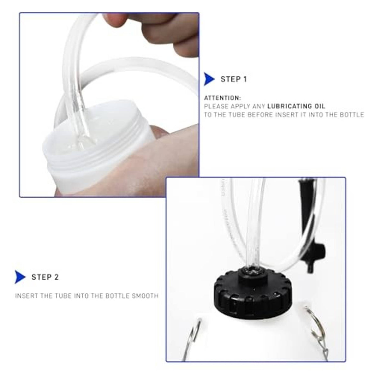 Brake bleeder bottle with clear tube inserted and black cap on top