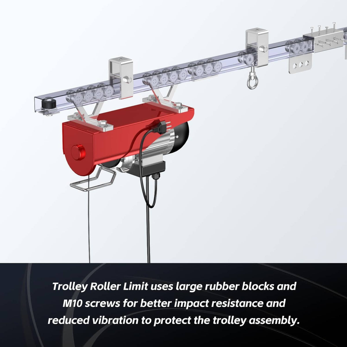 Red trolley roller limit with rubber roller and metal mounting hardware for rail